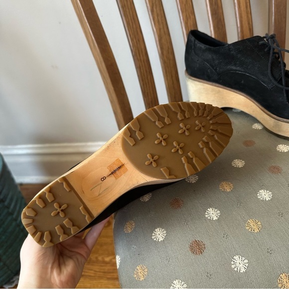 Eileen Fisher | Black Leather Wood Sole Platform Oxfords Size 8 - Picture 3 of 9